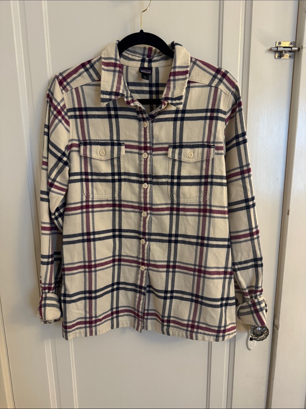 Patagonia Cream Plaid Button-Down Shirt with Navy and Burgundy Stripes